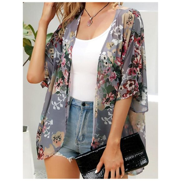 Chiffon Kimono Cardigan – Floral Open Front Cover-Up for Beach or Casual Wear - Picture 3 of 6
